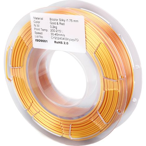 Filament PLA bicolore or et rouge de 1,75 mm pour impression 3D, 200 g, vitesse de coupe 30-45 mm/s. (1/5)