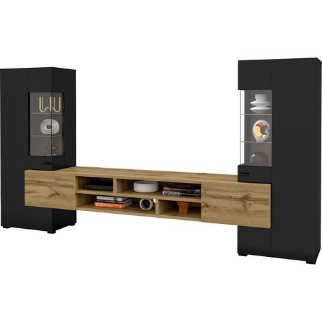 Set di porta TV e 2 armadi Akram, nero e legno (1/4)