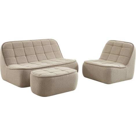sweeek - 3-Sitzer Sitzgruppe mit Sofa, Sessel und Hocker, strukturierter Bouclé-Bezug, Strukturiertes Bouclé, Beige (1/5)