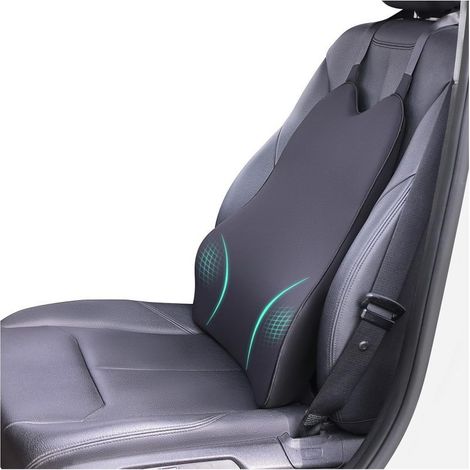 Coussin lombaire de voiture en coton à mémoire de forme pour soulager les douleurs dorsales. Coussin lombaire noir à double sangle de fixation. (1/5)