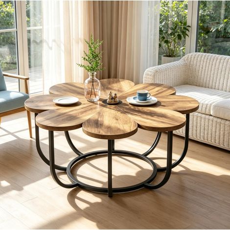 Table basse ronde fleur 100 cm en bois et métal noir (1/5)