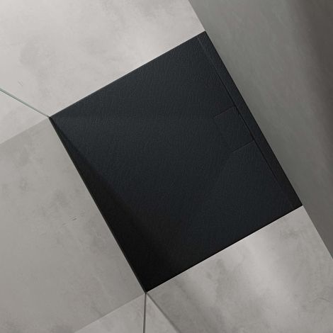 doporro Duschtasse Duschwanne 90x100x3 flach Mineralguss in Anthrazit DIN-Anschlüsse für bodengleiche Montage geeignet Geoma07