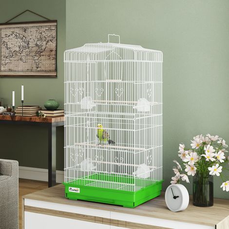 Vert 46,5x35,5x92 cm - Volière en cage métallique doté de 4 mangeoires, 3 perchoirs à balançoire et poignée de plateau amovible