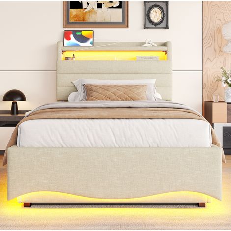 Letto contenitore 90 x 200 cm con LED, porte USB e Type-C, tessuto lino beige DESVIAE (1/5)
