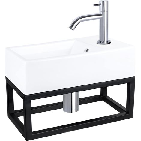 Lavabo avec porte-serviettes, en céramique, blanc, robinet incurvé chromé, kit complet, 40 x 22 x 11,5 cm (1/5)