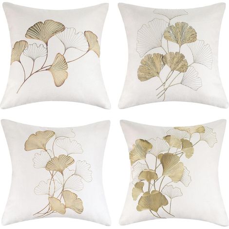 Cushion Cover 40X40 Ginkgo Biloba Leaves Polyester Set of 4 Autumn Plants Decorative Sofa Cushion Cover Soft Outdoor Cushions for Living Room Garden (Faux Linen) (1/5)