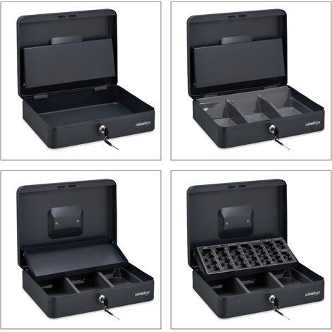 Caisse à monnaie pratique avec compartiment 9 x 30,5 x 23,5 cm monnayeur amovible transport facile en acier gris (1/5)