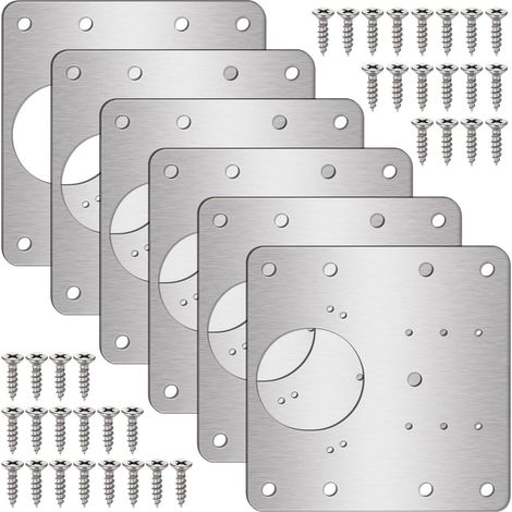 Set di 6 piastre di riparazione per cerniere con fori e 36 viti, in acciaio inox, per ante di armadi. (1/5)