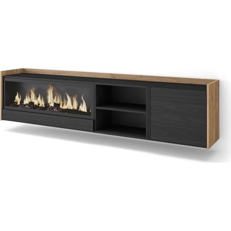 Mueble TV Periana-01 de 212x50x35 cm con chimenea eléctrica XXL, suspendido, color negro y roble (1/4)