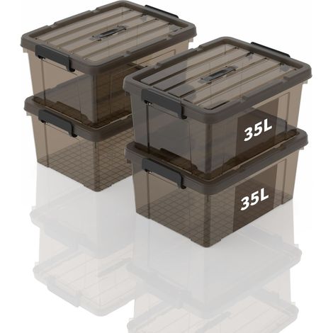 Caisses de rangement et Boîtes de rangement en plastique avec couvercle et poignée 35L, conteneur empilable pour maison, bureau et garage, bac transparent marron portable, 35L lot de 4 (1/5)