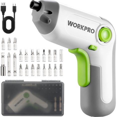 WORKPRO Perceuse Visseuse Sans Fil 6Nm 3,6V, Visseuse Devisseuse Excentrique avec 21 Embouts, Barre d'Extension, Batterie 2000 mAh, Lumière LED, Câble USB, Boîte de Rangement, pour Bricolage, Blanc (1/5)