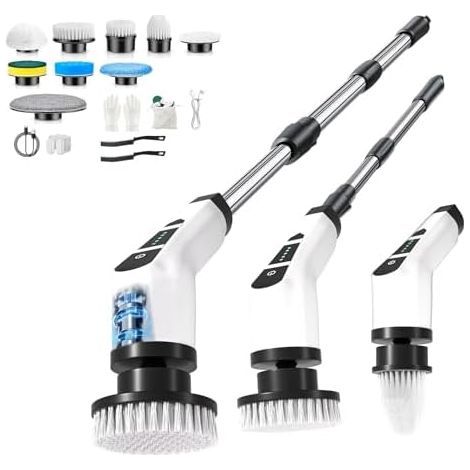 Elektrische Reinigungsbürste, Reinigungsbürste mit 9 austauschbaren Köpfen, 2 einstellbaren Geschwindigkeiten, ausziehbarem Griff, für Bad, Küche und Auto, Weiß - (1/5)