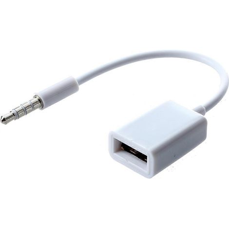 Câble adaptateur pour lecteur MP3 de voiture blanc, prise audio AUX mâle 3,5 mm vers USB 2.0 femelle. (1/3)