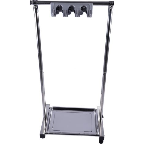 Étagère de rangement mobile sur pied pour le nettoyage des balcons, comprenant balais, serpillères et vaisselle en inox. Comprend 3 ou 4 crochets, des plateaux en inox et des roulettes. (1/5)