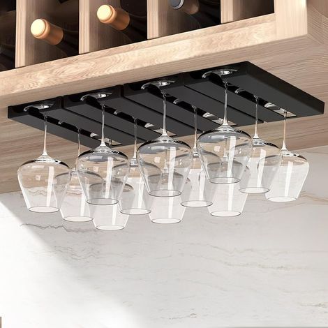 Lot de 4 Support verre a pied suspendu porte verres à vin à suspendre En plastique Sans perforation Auto adhésif Noir (1/5)