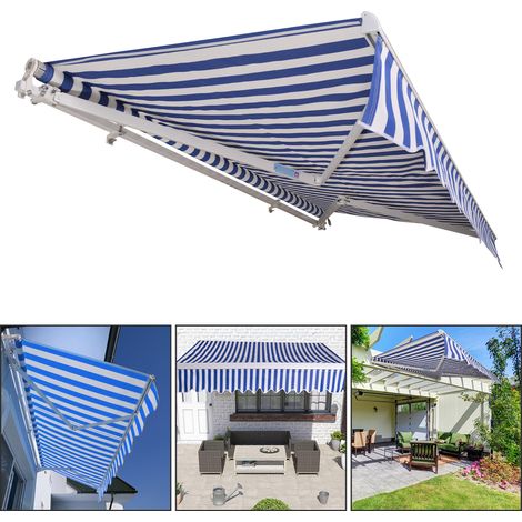 Jiubiaz 3.5x3m Store Banne manuel pour terrasse Toile premium 280g/m² Auvent d'Abri Manuel en Aluminium et Tissu Resistant aux UV Bleu Beige