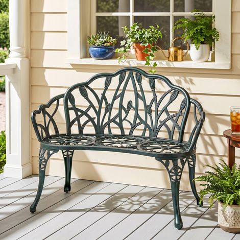 Banc de jardin en aluminium moulé, banc extérieur 2 places avec dossier tulipe, assise florale, 99x57x78cm, vert antique (1/5)