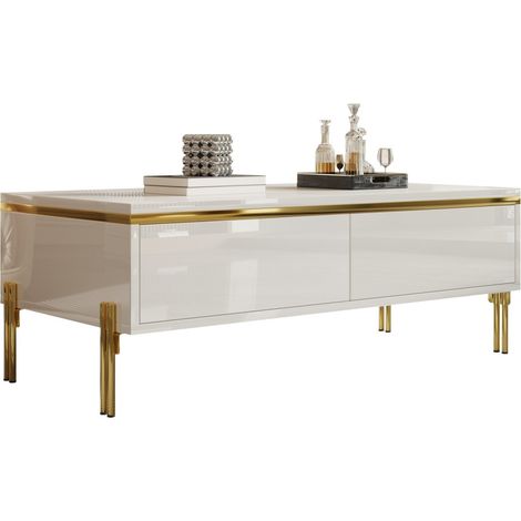 Table basse brillante 100x50x36cm multifonction table d'appoint élégante mobilier déco salon design contemporain, blanc (1/5)