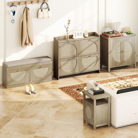 Zapatero Estrecho con 4 Puertas de Ratán con Estantes Ajustables para 16 Pares de Zapatos 104,5x24x88 cm Natural (1/5)