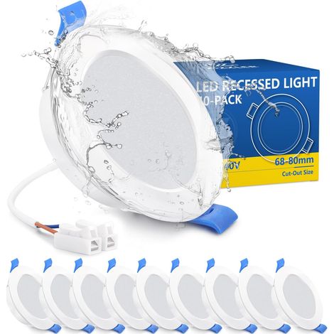 Spots LED Encastrable Salle de Bain Plafond, Lot de 20, Extra Plat, Trou 68mm, Blanc Froid 6000K, Etanche IP44, 5W, 220V, Diametre 90mm, Interieur Cuisine Bathroom