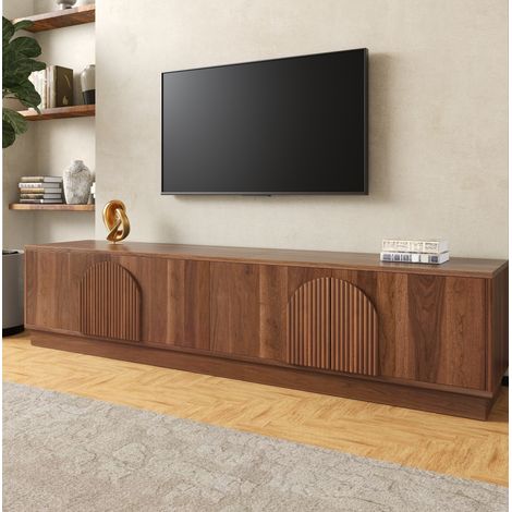 Meuble TV 180x40x44,5 cm avec 4 portes push-to-open, LED multicolore et rangements fermés, MDF effet noyer (1/5)