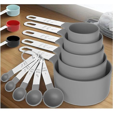 Set of 10 stackable measuring cups and spoons, nestable measuring cups and spoons with stainless steel handle, kitchen gadgets for cooking and baking (Grey) (1/5)