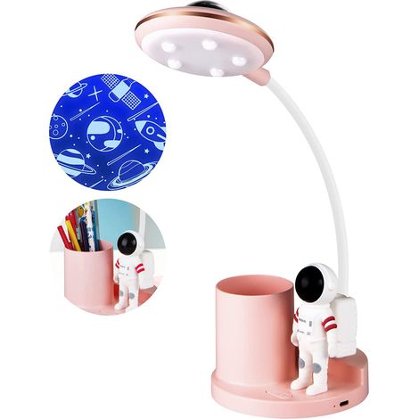 Lampe de bureau LED pour enfants, 5 W, à piles, sans fil, à intensité variable, avec porte-stylo et projecteur, lampe de table flexible à col de cygne, LED à piles pour bureau ou salon - Rose