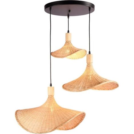 Suspension triple en osier 750x1500mm – 3 abat-jours E27 – Tension 220-240V AC – IP20 pour intérieur – Style boho chic - 3xE27
