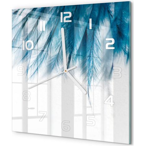 Horloge Murale Carrée Contemporaine en Verre Silencieuse Salon Cuisine Bureau Plumes bleues 30x30 cm (1/5)