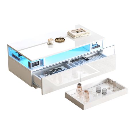 Table basse à plateau relevable  Table de salon laquée brillante  Table d'appoint avec 2 tiroirs  Table d'appoint en verre trempé  Table basse avec éclairage LED — Blanc