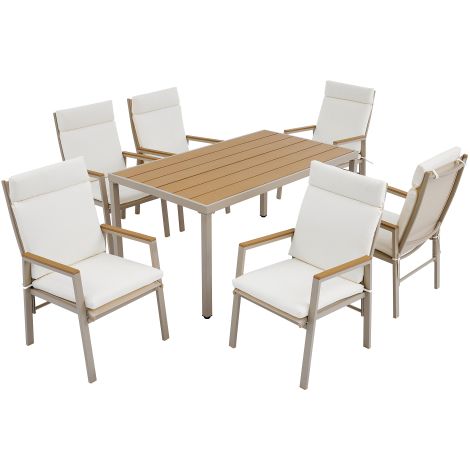 Ensemble Table et Chaise Jardin Mobilier de Jardin pour 6 Personnes 1 Table 6 Chaises en Fer Galvanisé Plateau de Table en Bois Plastique Kaki et Beige (1/5)