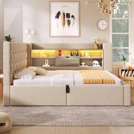 Lit rembourré avec éclairage LED, système de rangement hydraulique, réglable des deux côtés, tissu en lin, beige (sans matelas) - 90 x 190 cm (1/5)