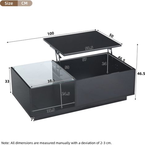 Mesa de centro negra 100x50x33 cm con tablero elevable, LED y almacenaje MEUBLIV (1/5)