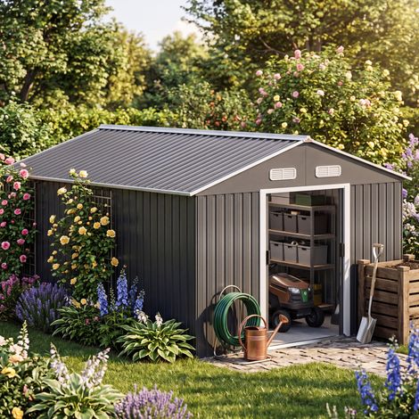 GARDEBRUK® Gerätehaus XXXL 315x260x180 cm inkl. 4 Haken 8m² mit Fundament Schiebetür Metall Anthrazit Gartenschrank Geräteschuppen Gartenhaus 15m³ (1/5)