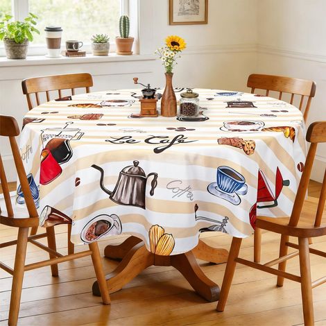 Nappe ronde motif café Ø 180 cm, lavable, polyester