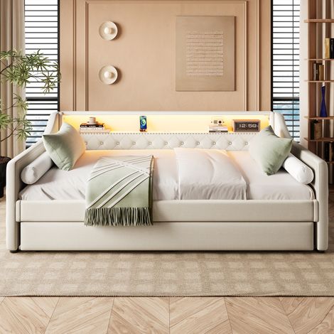 Banquette-lit 90x200 cm avec lit gigogne extensible, LED et USB, sommier à lattes, structure lin et MDF, lit de jour beige (1/5)