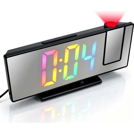 Réveil avec projection, écran miroir LED de 7,4" avec projecteur rotatif à 180°, écran couleur RVB, variateur automatique, charge USB, affichage multifonction de la température et de la date (1/5)