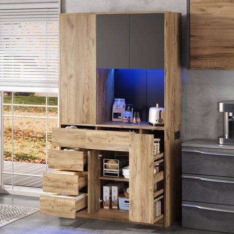 Buffet de Cuisine Haut avec 2 Portes, 4 Niveaux Coulissants, Étagères Réglables et LED, 105 × 40 × 185 cm (1/5)