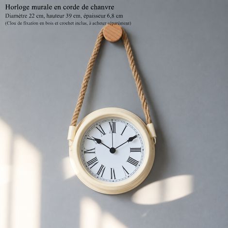Horloge Murale Ronde 8 pouces blanc cassé avec corde de chanvre et chiffres romains 50 × 50 × 20 cm – Livraison gratuite (1/3)