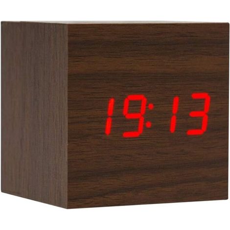 Réveil en bois - Mini horloge numérique avec affichage de l'heure de la température, 3 niveaux de luminosité et commande vocale, parfait pour les voyages à domicile - AC10BrownRed (1/5)