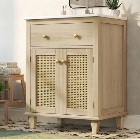 Mueble lavabo de 61 cm con cajón abatible, puertas de ratán y estantes ajustables, madera natural (1/5)