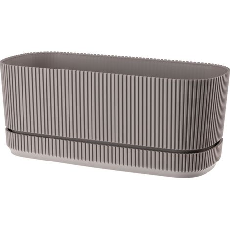 Maceta de plástico con platillo, tapa ovalada perlada, 29x13 cm, material mate, beige oscuro, estampado a rayas.