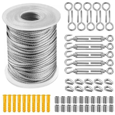 Kit de suspension de corde en acier inoxydable, corde en acier inoxydable enduite de nylon, tendeur de corde en acier PVC pour corde de tente, corde à linge, lustre extérieur, jardin (30 m) (1/4)