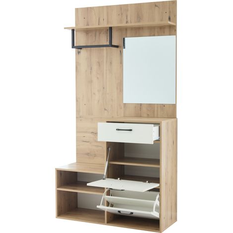 Mobile ingresso con specchio, scarpiera e appendiabiti 100x38,5x190 cm bianco legno (1/5)