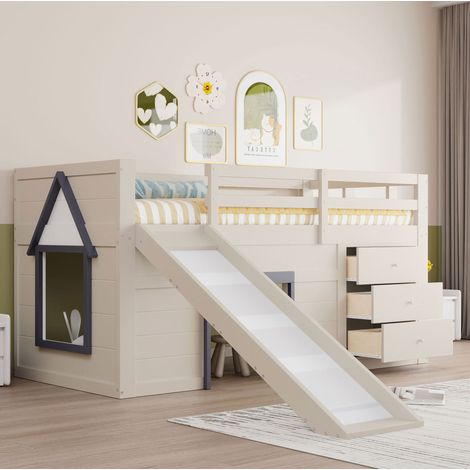Hochbett aus Kiefernholz, MDF und Sperrholz in Creme, 90x200 cm, mit Rutsche, 3 Schubladen und Lattenrost (1/5)