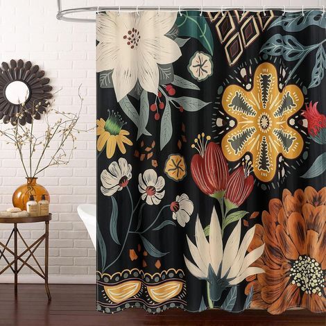 Cortina de ducha floral bohemia, cortinas de ducha de tela con hojas tropicales para una decoración de baño elegante y sofisticada, cortina de ducha floral abstracta y colorida (1/5)
