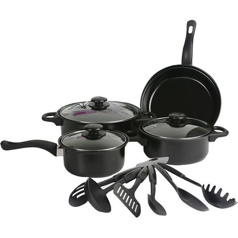 Ensemble d'ustensiles de cuisine antiadhésifs, 13 pièces, marmite en fer, poêle à ragoût, poêle à lait,Noir