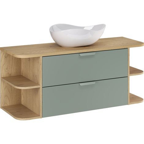Ensemble meuble et vasque Cloud 120 cm ASTER vert avec deux extensions d’angle ouvertes et plan en chêne (1/5)