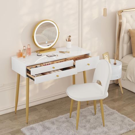 WOLTU Dressing Table with LED Lights Mirror, Vanity Makeup Table Set with Adjustable Brightness Mirror, Velvet Stool and Free Make-up Organizer, 3 Drawers，White + Cream + Gold