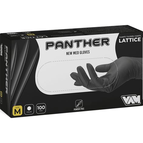 GUANTI MONOUSO IN LATTICE "PANTHER" 6,2gr NERI SENZA TALCO BOX 100PZ M-XL MED, "L" (1/2)